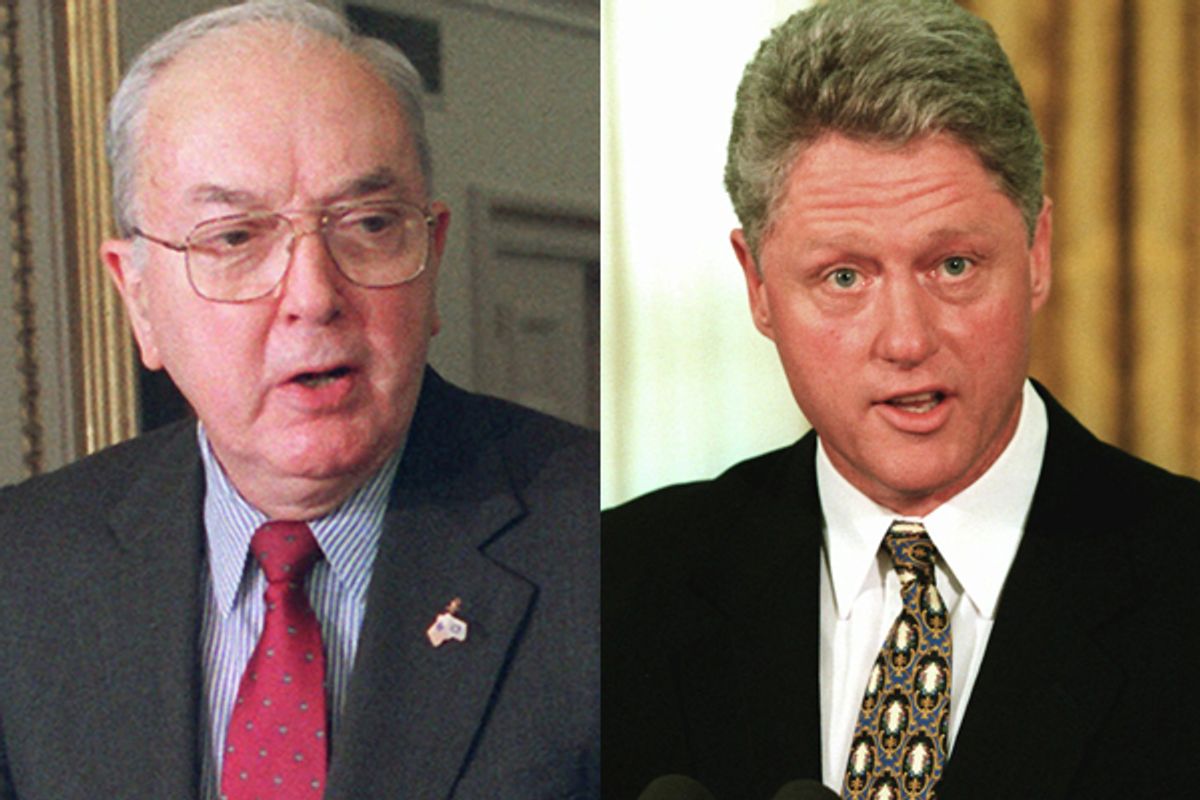 Former senator Jesse Helms and former president Bill Clinton