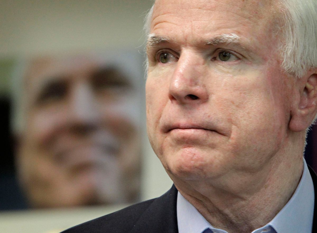 U.S. Sen. John McCain, (R-Ariz.) speaks to volunteers at his campaign headquarters Monday, Nov. 1, 2010 in Phoenix. (AP Photo/Matt York) (Matt York)