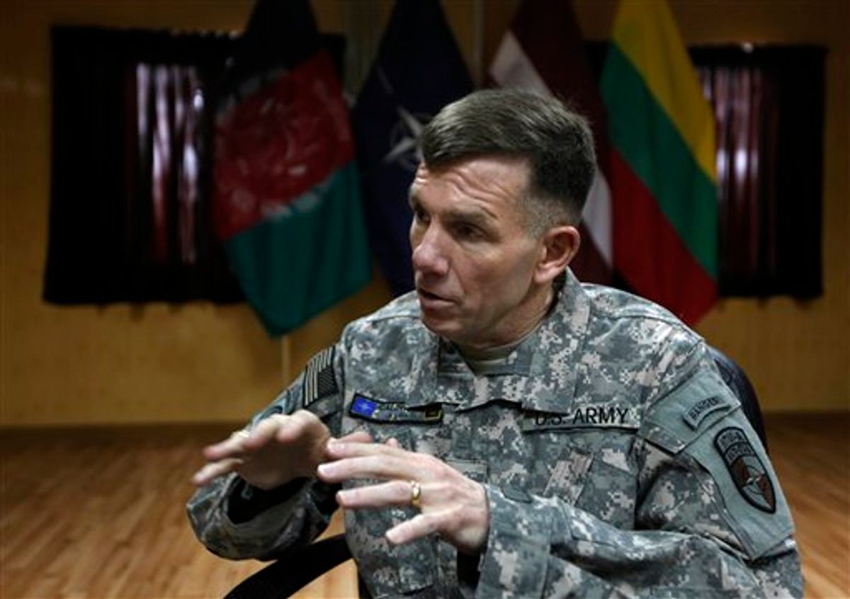 U.S. Lt. Gen. William Caldwell, the commander of NATOs mission to train Afghan policemen and soldiers Kabul, speaks during an interview with The Associated Press in Kabul, Afghanistan, Saturday, Feb, 12, 2011.  Caldwell says more nations are pledging support, yet the coalition still faces a shortage of 740 trainers needed to get the Afghan security forces ready to take the lead in securing their nation by the end of 2014. On Saturday, Latvia and Lithuania pledged 16 and 23 trainers to mentor the Afghan Air Force in Kandahar in southern Afghanistan. (AP Photo/Dar Yasin) (AP)