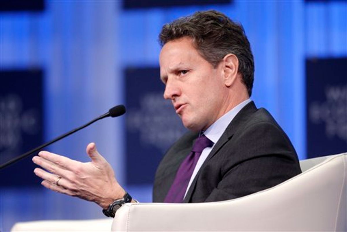 United States Secretary of the Treasury Timothy Geithner speaks during a session at the World Economic Forum in Davos, Switzerland on Friday, Jan. 28, 2011. In a nod to the post-crisis atmosphere, the World Economic Forum shifts its attention on Friday to austerity measures and priorities for improving the economy. (AP Photo/Michel Euler) (AP)
