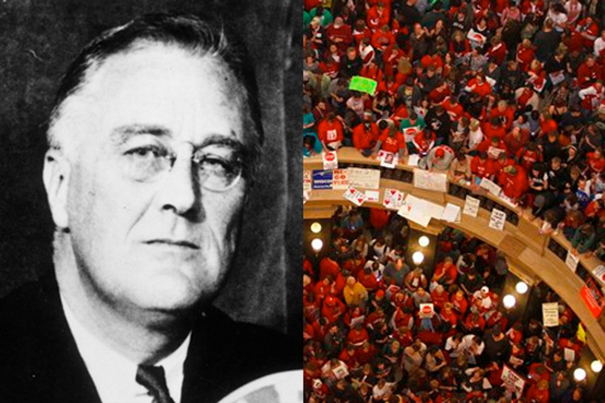 Franklin D. Roosevelt, left, protesters in the Wisconsin state capitol, right  
