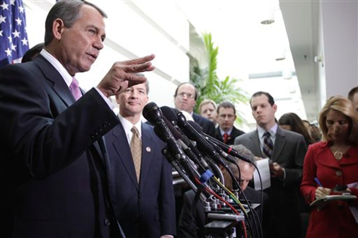 House Speaker John Boehner of Ohio, and Rep. Jeb Hensarling, R-Texas, meet with reporters on Capitol Hill in Washington,  Tuesday, Jan. 25, 2011, after their closed GOP caucus meeting ahead of President Barack Obama's State of the Union speech. (AP Photo/Charles Dharapak)  (AP)