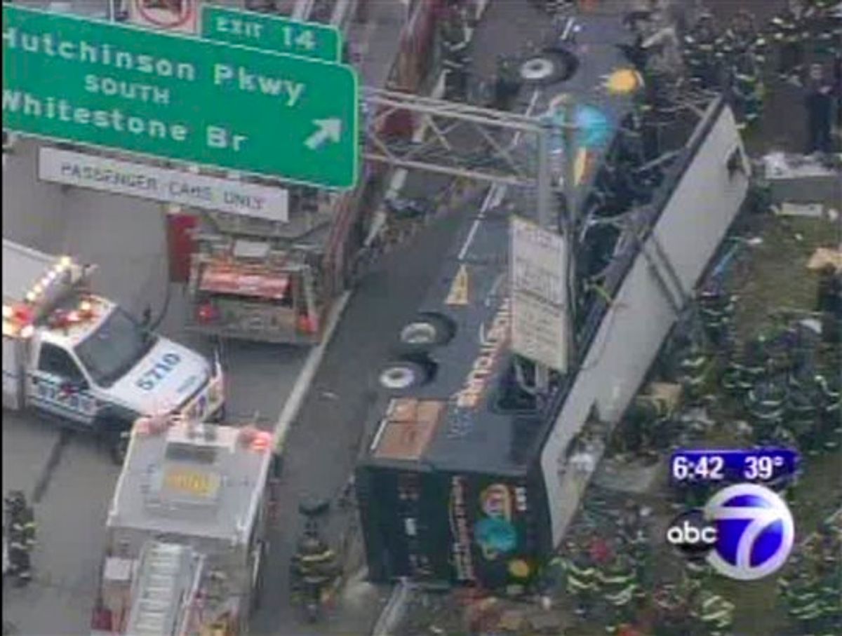 This image provided by ABC-TV shows the World Wide Tours tour bus after it was sliced by the exit sign on Interstate 95 south in the Bronx borough of New York early Saturday morning March 12, 2011. Officials say 13 people have died. Officials say 13 people have died. A New York Fire Department spokesman says the bus was carrying 31 to 33 passengers. He says in addition to the fatalities, six passengers were critically injured and four have been transported to hospitals. The spokesman says 11 others sustained minor injuries. (AP Photo/ABC) (AP)