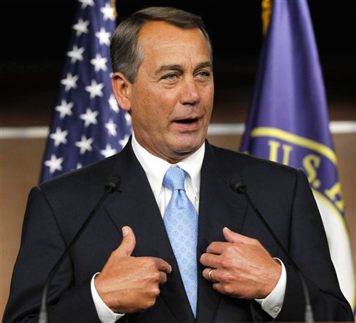 House Speaker John Boehner of Ohio gestures during a news conference on Capitol Hill in Washington, Wednesday, March 2, 2011. (AP Photo/Alex Brandon) (AP)