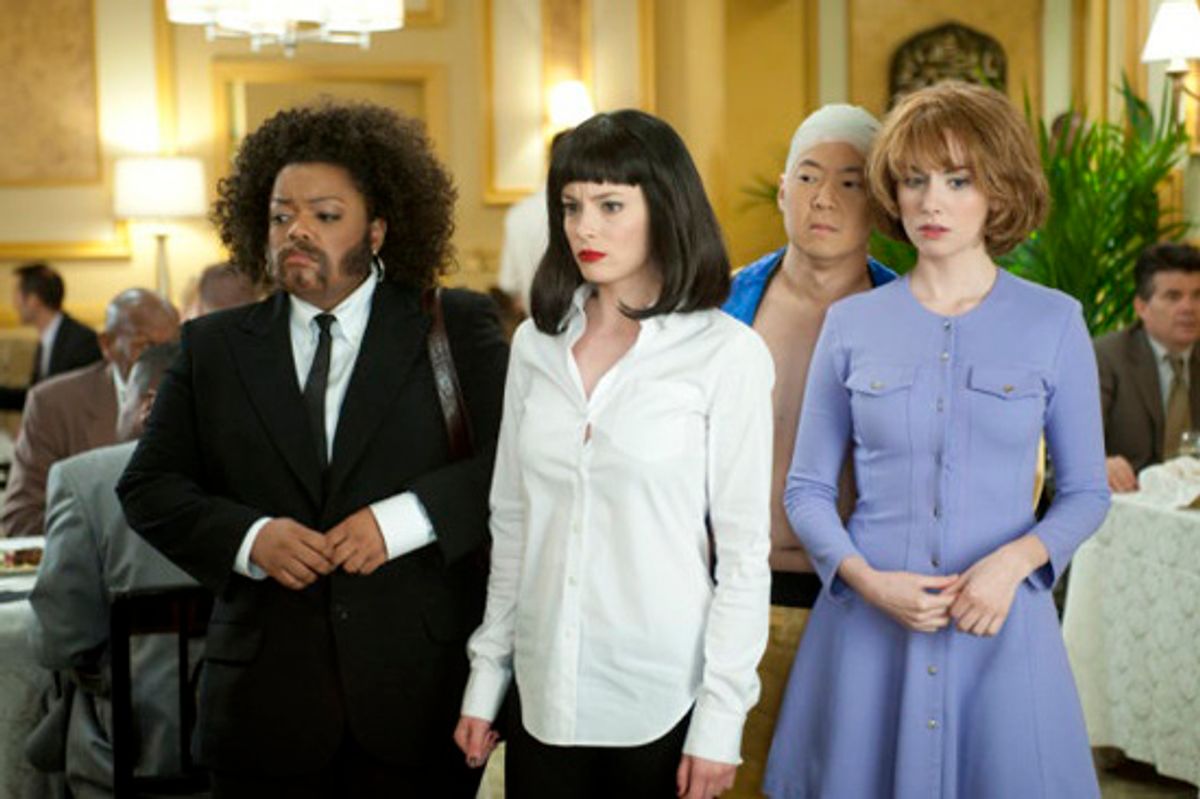 COMMUNITY -- "Critical Film Studies" Episode 218 -- Pictured: (l-r) Yvette Nicole Brown as Shirley/"Jules", Gillian Jacobs as Britta/"Mia", Ken Jeong as Chang/"Butch", Alison Brie as Annie/"Yolanda" -- Photo by: Lewis Jacobs/NBC (Lewis Jacobs)