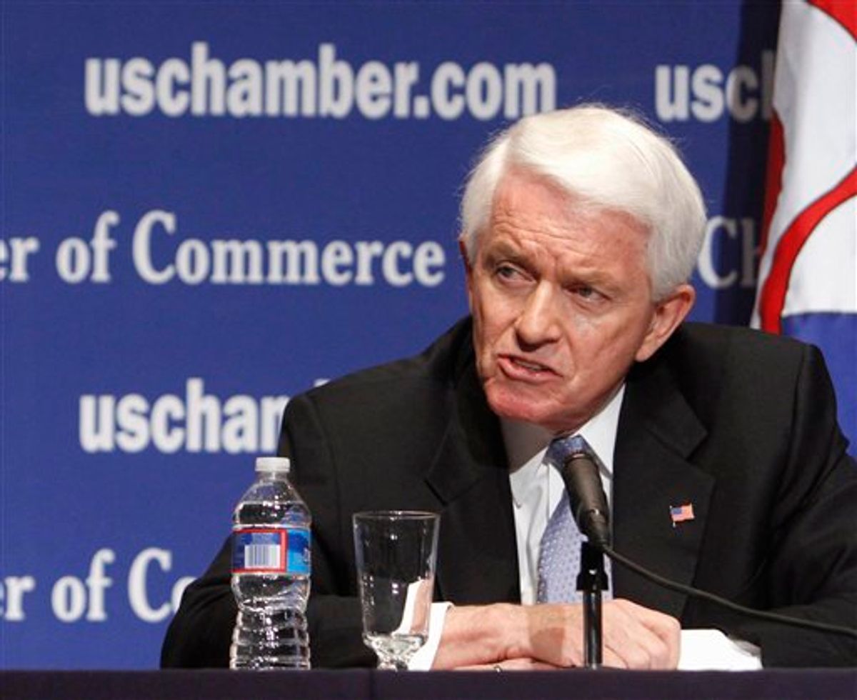 In this photo taken Jan. 11, 2011, Thomas J. Donohue, president and CEO of the U.S. Chamber of Commerce, speak to the media at the Chamber of Commerce in Washington. Once President Barack Obama named Gene Sperling as his chief economic adviser, Sperling made an   early call went to Donohue, who wasted no time. Come on over, he said. The President will speak at the Chamber on Monday, Feb. 7, 2011. (AP Photo/Jacquelyn Martin)     (AP)