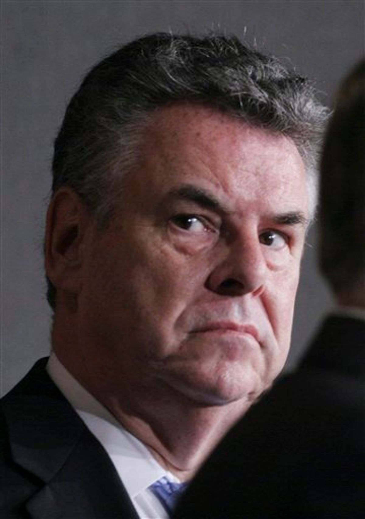 In this June, 2007 file photo, Rep. Peter King, R-N.Y., left, listens during a news conference on Capitol Hill in Washington. The wreckage of the World Trade Center still smoldered when George W. Bush rose to demand that American Muslims not be blamed or mistreated. "Islam is peace," the president declared. But a decade later, doubts and suspicions persist. New York Rep. Peter King is provocatively forcing the issue with congressional hearings, starting Thursday. (AP Photo/Lauren Victoria Burke)         (AP)