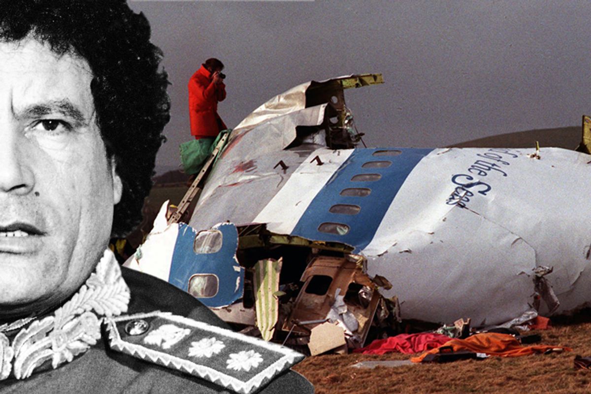 Moammar Gadhafi and wreckage from Pan Am flight 103