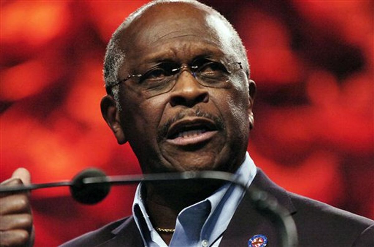 FILE - In this Sept. 18, 2010 file photo, Georgia businessman Herman Cain, who is edging toward a run for the White House, addresses a gathering in Hoffman Estates, Ill. The former co-owner of the Godfathers Pizza chain will join other potential Republican presidential candidates Monday at a forum in Des Moines. (AP Photo/The Arlington Heights Daily Herald, Mark Welsh) MANDATORY CREDIT (AP)