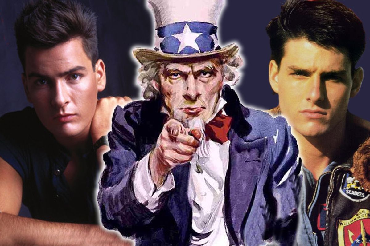 Flanking Uncle Sam: Charlie Sheen in "Red Dawn," left, and Tom Cruise in "Top Gun"