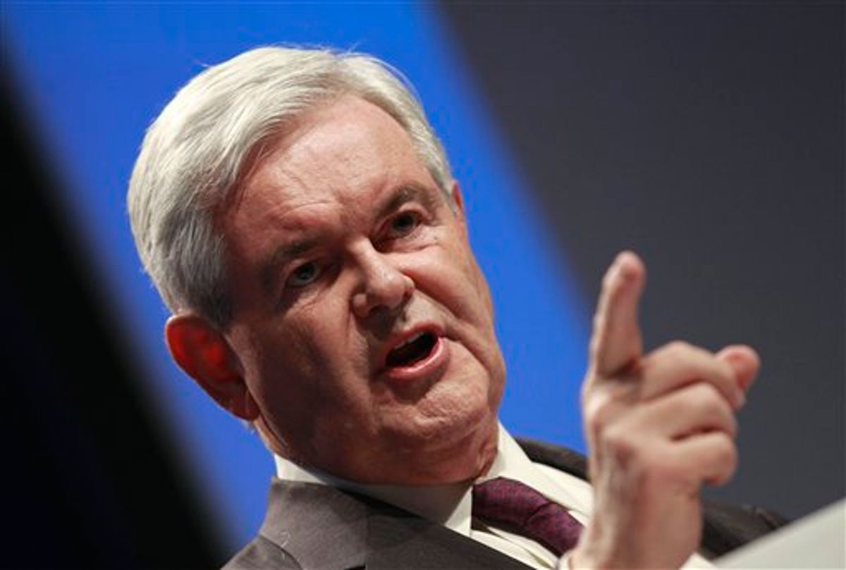Former House Speaker Newt Gingrich addresses the Conservative Political Action Conference (CPAC) in Washington, Thursday, Feb. 10, 2011. (AP Photo/Alex Brandon)  (AP)