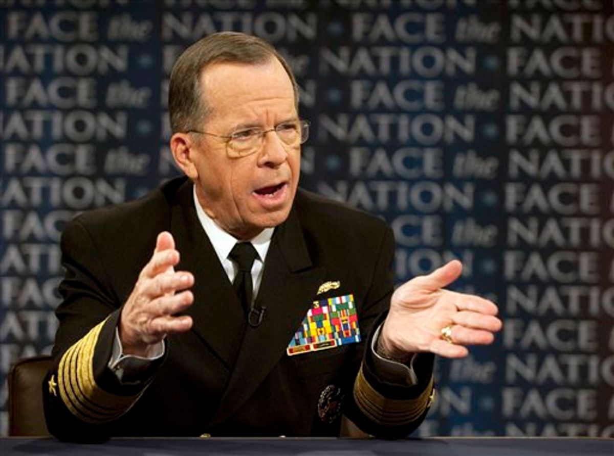 In this photo released by CBS, U.S. Navy Admiral and Chairman of the Joint Chiefs of Staff, Mike Mullen, discusses the military support for the rebels in Libya on "Face the Nation" March 20, 2011 in Washington, D.C.. (AP Photo/CBS, Chris Usher) MANDATORY CREDIT; NO ARCHIVE; NO SALES; FOR NORTH AMERICAN USE ONLY (AP)