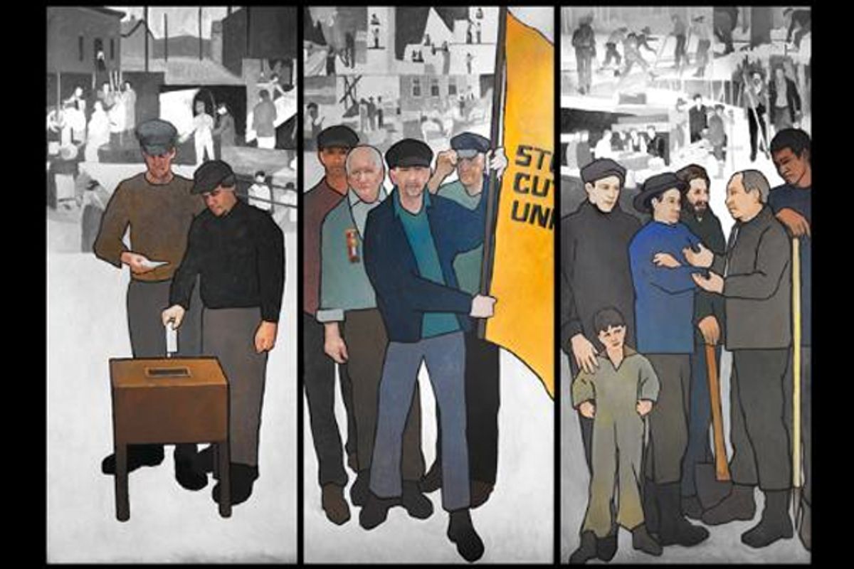 <a href="http://www.judytaylorstudio.com/mural456.html">Three panels from the mural</a>, depicting The Secret Ballot, First Labor's Day, The Woods Workers.