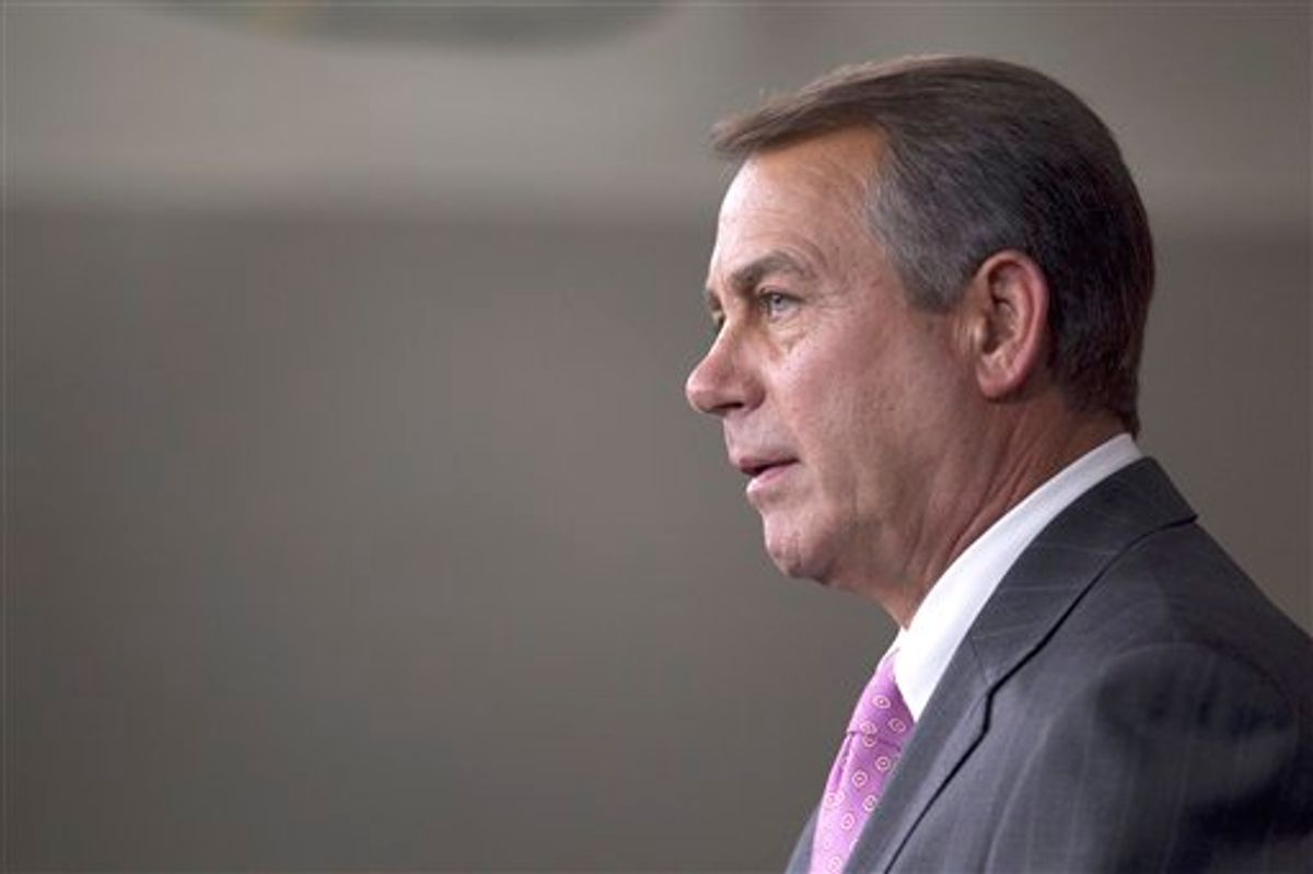 House Speaker John Boehner of Ohio speaks during a news conference on Capitol Hill in Washington, Thursday, April 14, 2011. (AP Photo/Evan Vucci) (AP)
