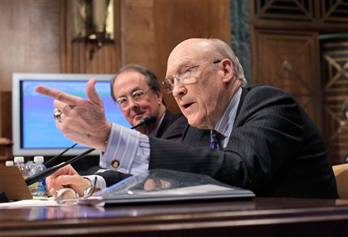 FILE - In this March 8, 2011 file photo, National Commission on Fiscal Responsibility and Reform, Co-Chairmen Alan Simpson, right, and Erskine Bowles, testify on Capitol Hill in Washington. Dont look for President Barack Obama to endorse a Medicare voucher plan or turning Medicaid over  to the states when he unveils his approach to  controlling the governments health care costs on Wednesday. But less government money for providers and more costs shifted to beneficiaries will still be in the plan. The president is expected to draw from proposals issued by his debt commission and from the work of a small group of senators of both parties trying to devise a strategy that will force Congress to deal with the cost of health benefits.   (AP Photo/J. Scott Applewhite, File)        (AP)
