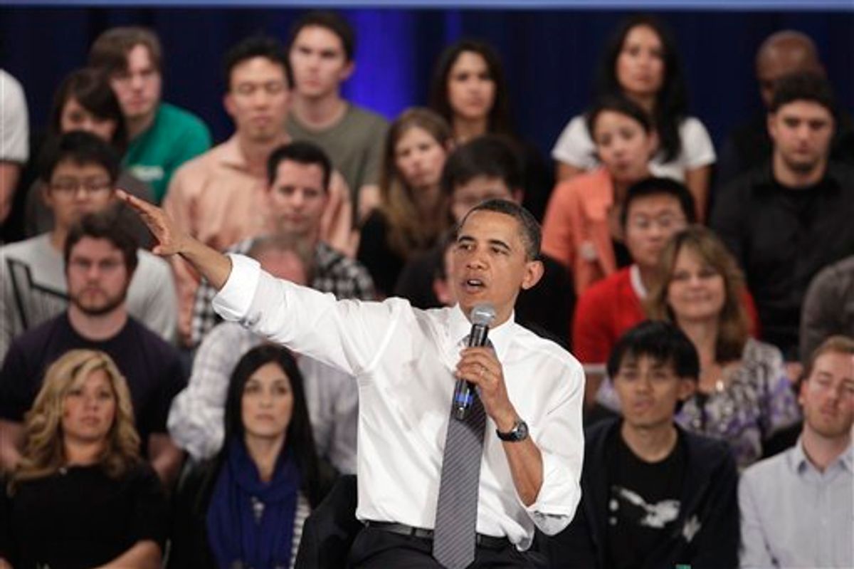 President Barack Obama gestures while addressing the crowd during a town hall meeting at Facebook headquarters in Palo Alto, Calif., Wednesday, April 20, 2011. (AP Photo/Marcio Jose Sanchez)                (AP)