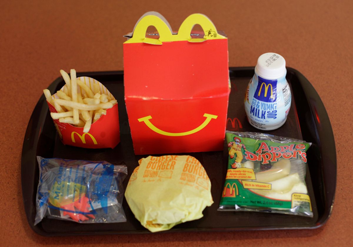 Shown is a Happy Meal at a McDonald's restaurant in San Francisco, Monday, Nov. 8, 2010. In the left foreground is a character toy included with the meal from the movie Megamind. It is a happy moment for people who see the Happy Meal as anything but.  San Francisco is poised to become the first major American city to require fast-food restaurants to sell meals that meet set nutritional guidelines or not include a toy with them. (AP Photo/Eric Risberg) (Eric Risberg)