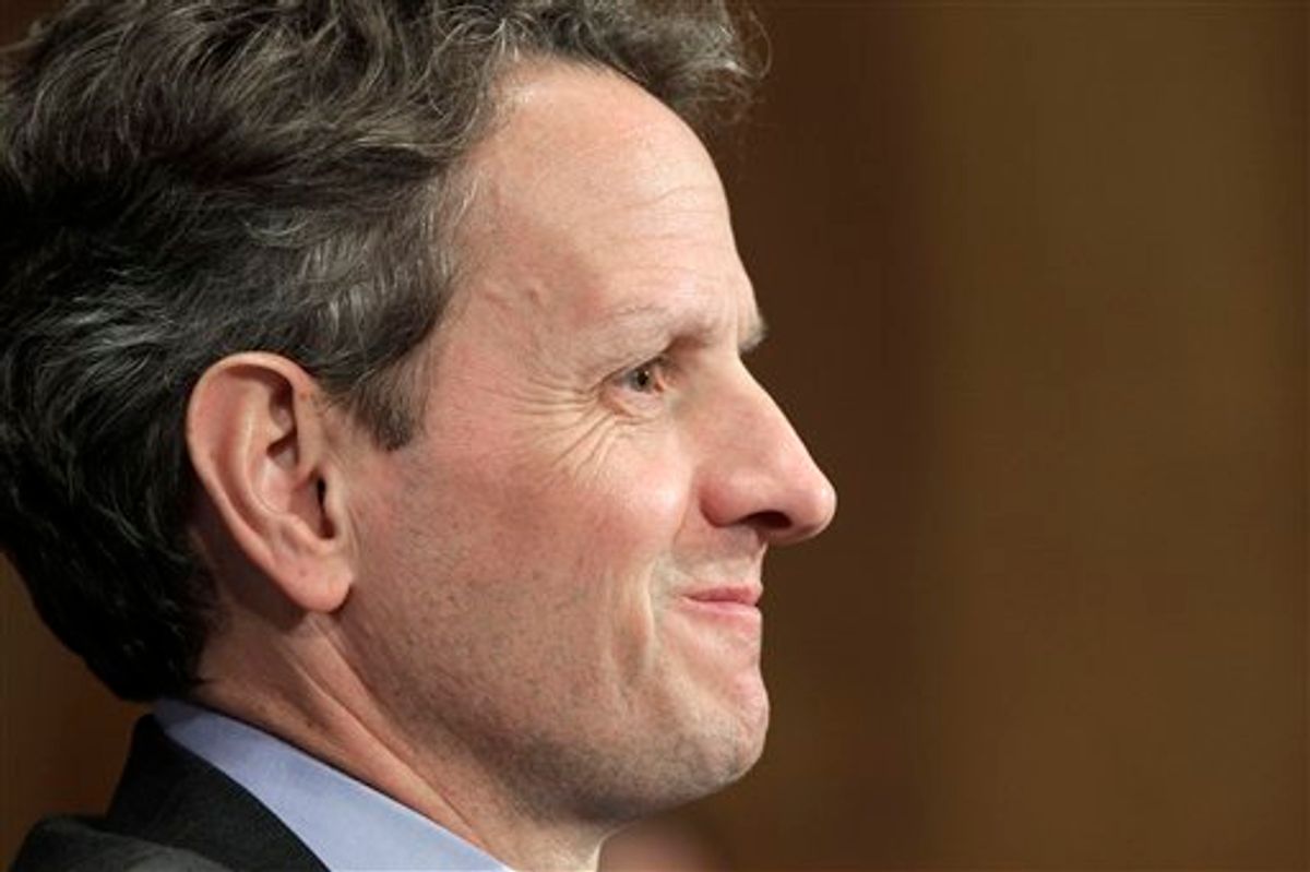 Treasury Secretary Tim Geithner testifies before the Senate Foreign Relations Committee on how the U.S. economy is affected by global unrest, on Capitol Hill in Washington, Thursday, March 3, 2011. (AP Photo/J. Scott Applewhite)       (AP)