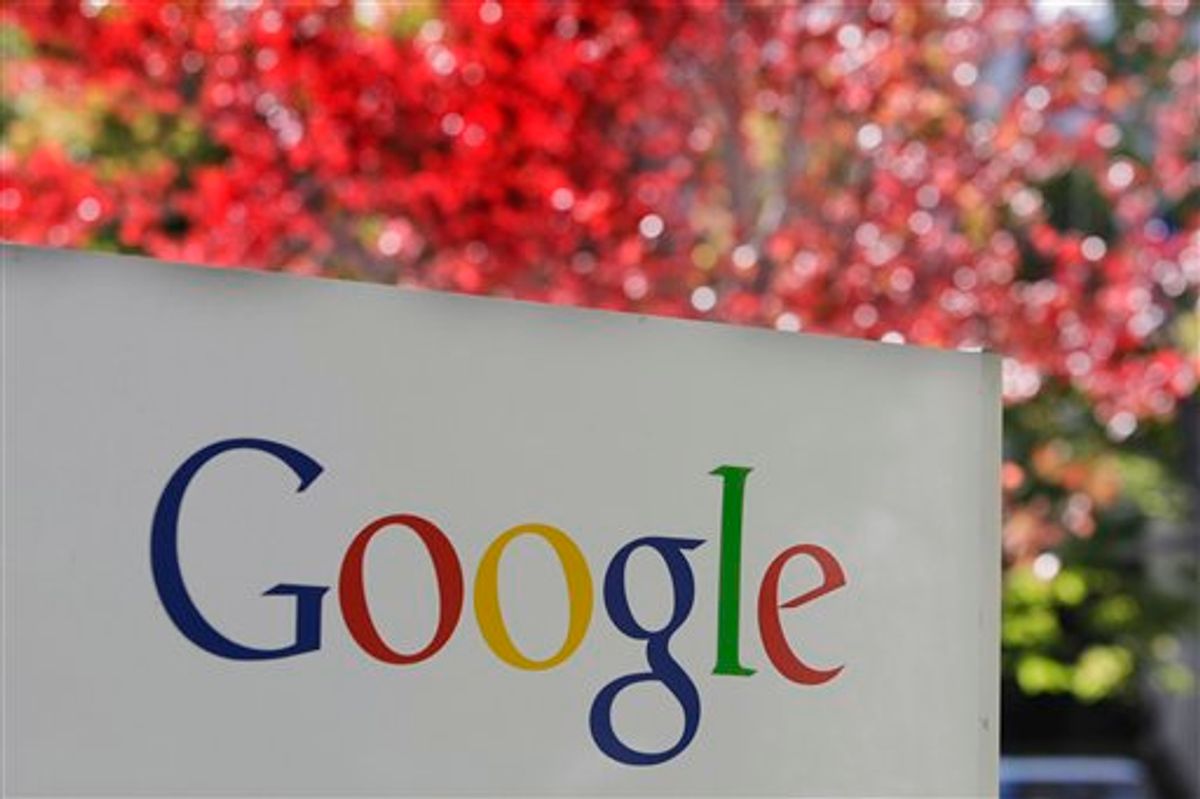 FILE - In this Nov. 10, 2010 file photo, the company logo is displayed is at Google headquarters in Mountain View, Calif. Search engine giant Google Inc. is making Kansas City, Kan., the first place to get its new ultra-fast broadband network, the company announced Wednesday, March 30, 2011. (AP Photo/Paul Sakuma, file) (AP)