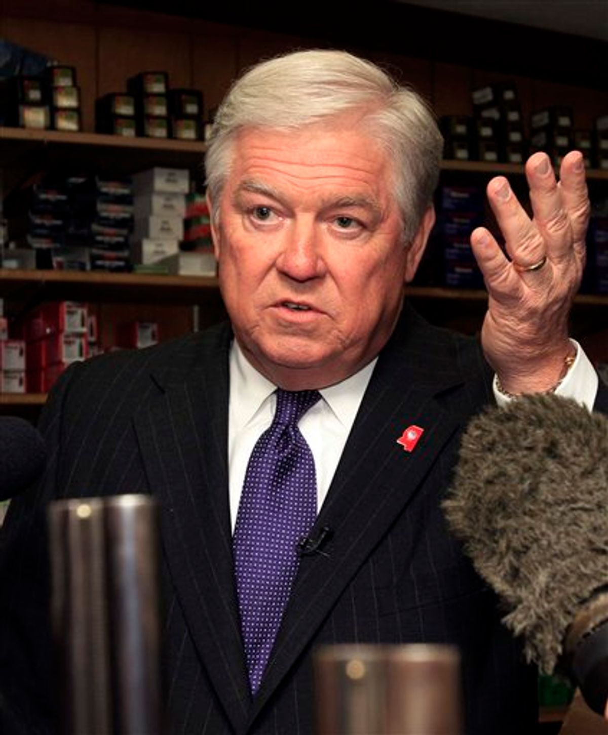 Possible Republican presidential candidate, Mississippi Gov. Haley Barbour talks with reporters at Riley's Gun Shop, Thursday, April 14, 2011, in Hookset, N.H. (AP Photo/Jim Cole) (AP)