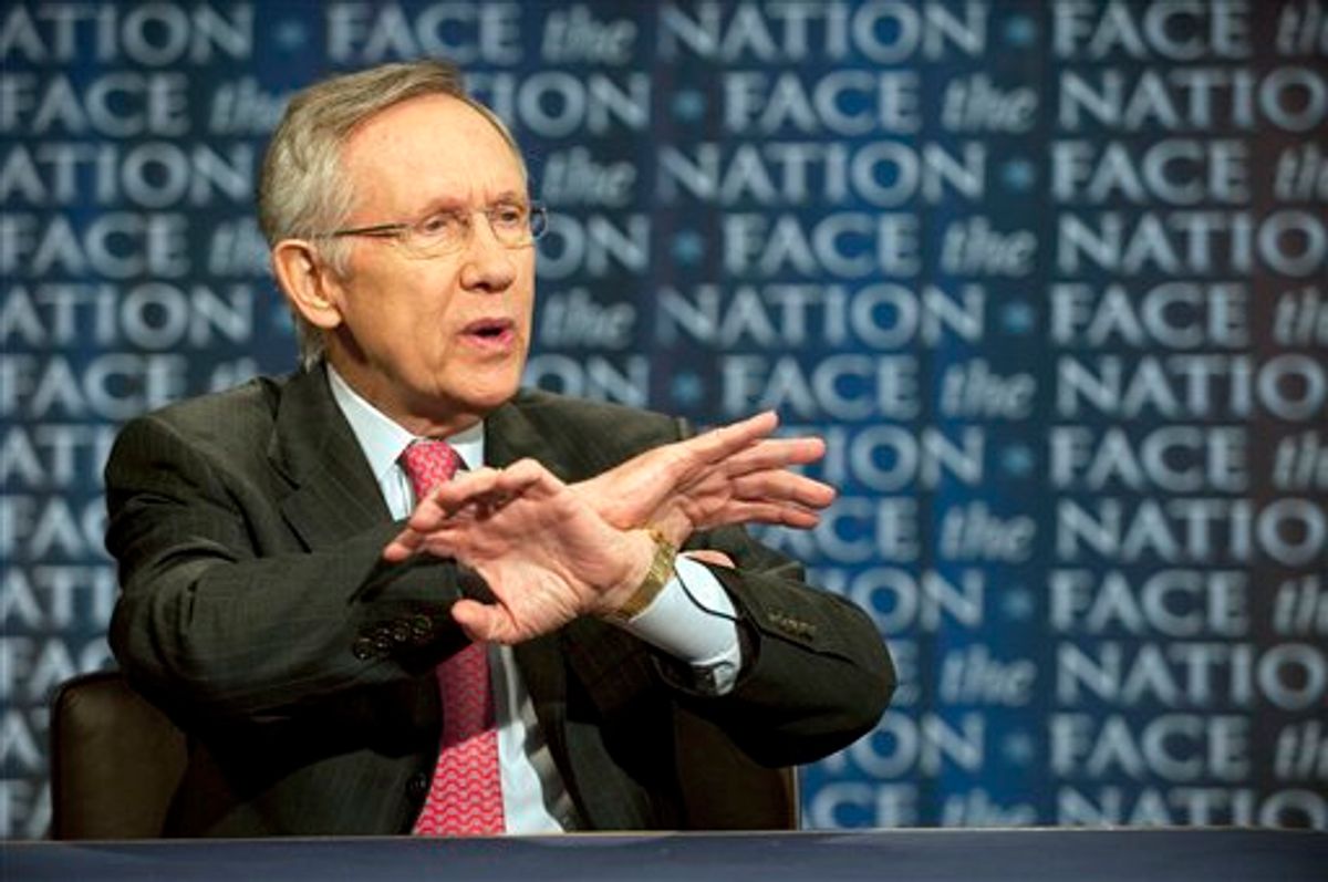 In this photo released by CBS, Sen. Harry Reid, D-Nev., talks about the possibility of a government shutdown over a budget impasse and U.S. military action in Libya on CBS's "Face the Nation" in Washington Sunday, April 3, 2011. (AP Photo/CBS, Chris Usher)  NO ARCHIVES. NO SALES. (AP)