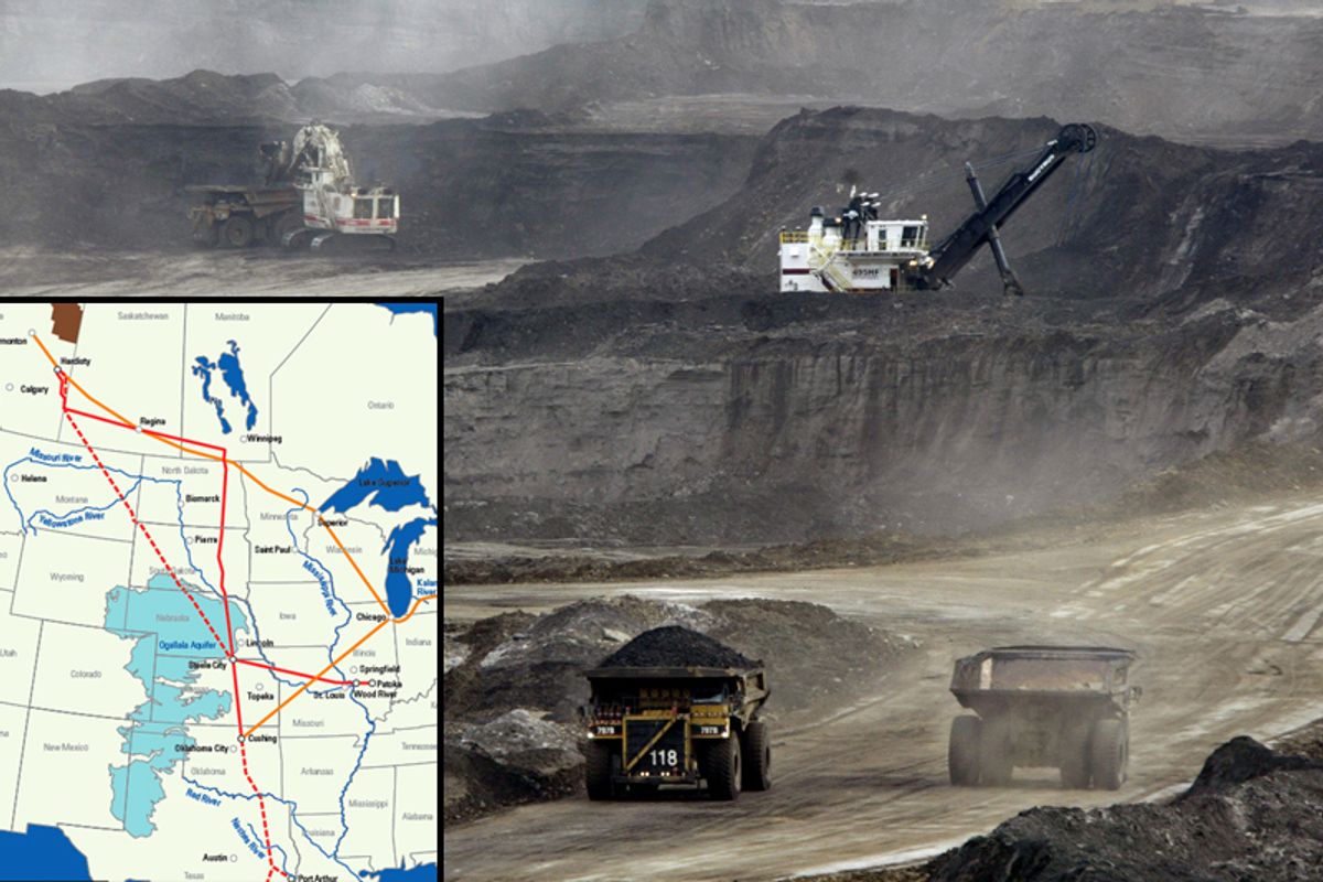 Mining trucks carry loads of oil-laden sand after being loaded by huge shovels at the Albian Sands oils sands project in Fort McMurray, Alberta, Canada. Inset: A map of the pipeline