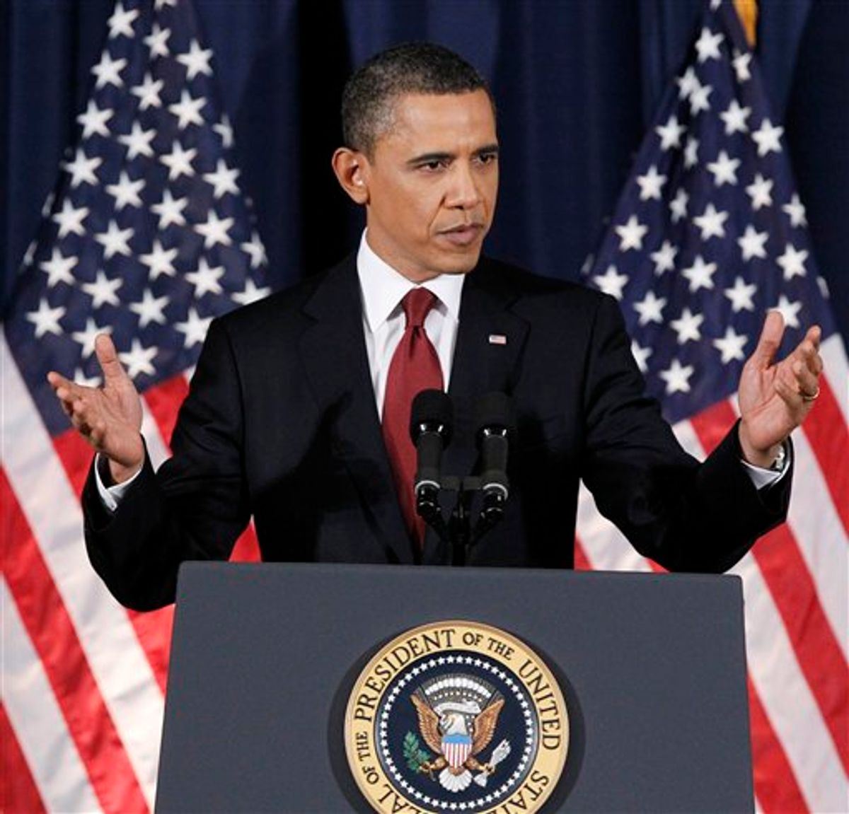 President Barack Obama delivers his address on Libya at the National Defense University in Washington, Monday, March 28, 2011.   (AP Photo/Manuel Balce Ceneta) (AP)