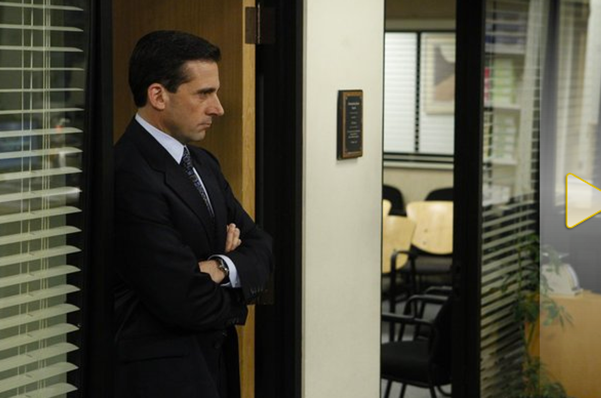 "Goodbye, Michael": Michael Scott (Steve Carell) surveys "The Office" on his last day. 