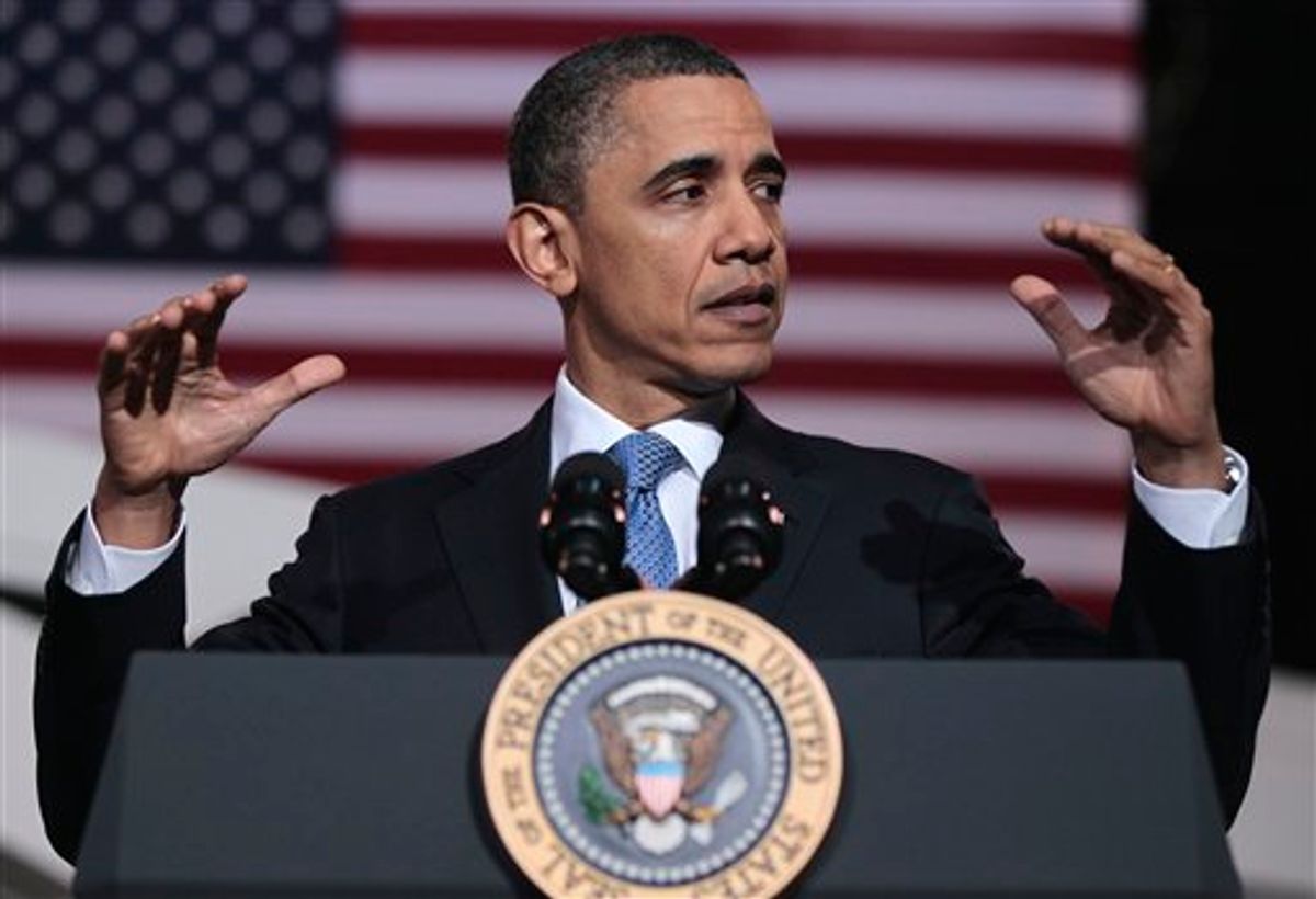 President Barack Obama gestures while speaking during his visit to a UPS shipping facility in Landover, Md., Friday, April 1, 2011. (AP Photo/Pablo Martinez Monsivais) (AP)