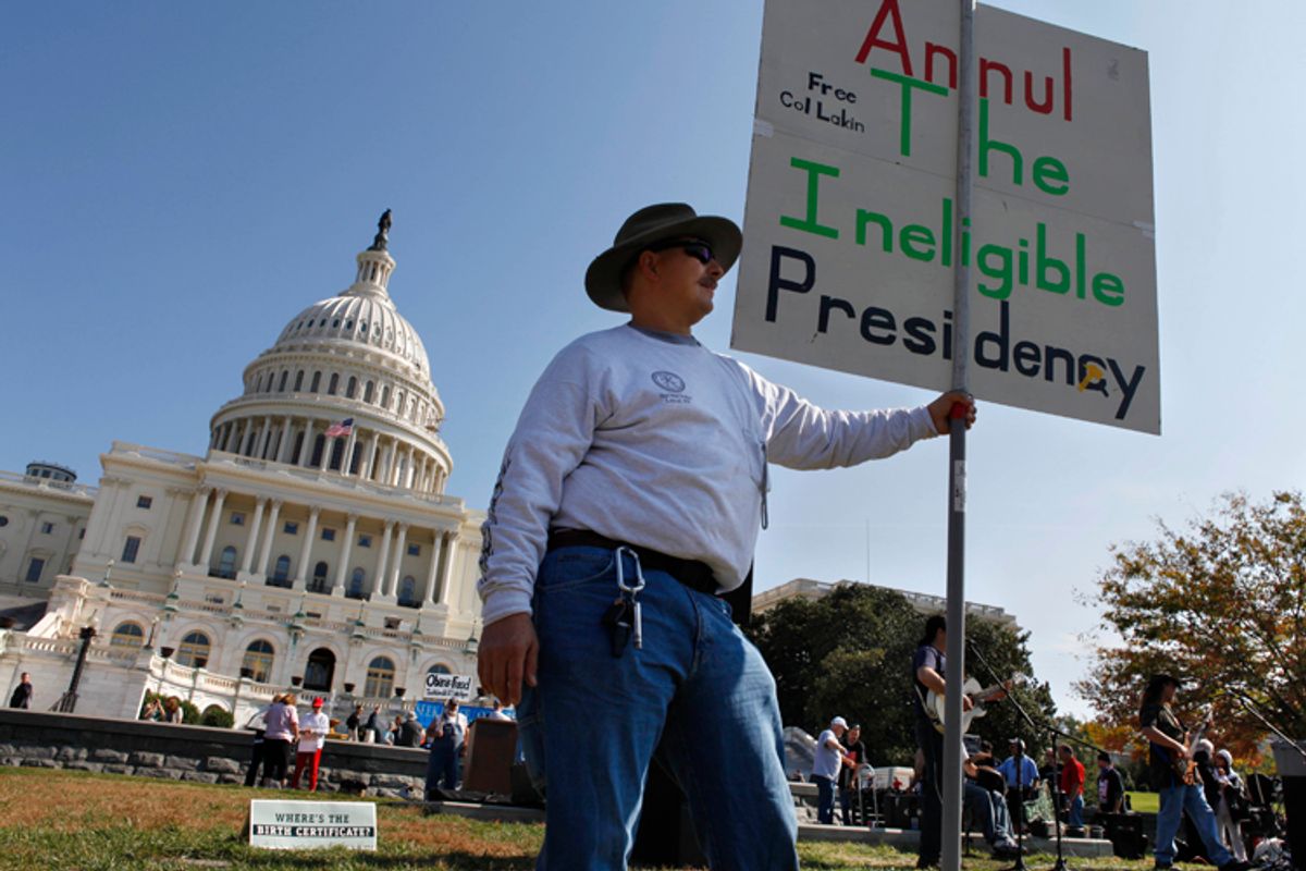 John Balazek of La Plata, Md., attends a rally by the U.S. Capitol in Washington Saturday, Oct. 23, 2010. Participants at the rally, organized under the name of Obama birth certificate rally, call into question the president's eligibility.  (AP Photo/Jacquelyn Martin) (Jacquelyn Martin)