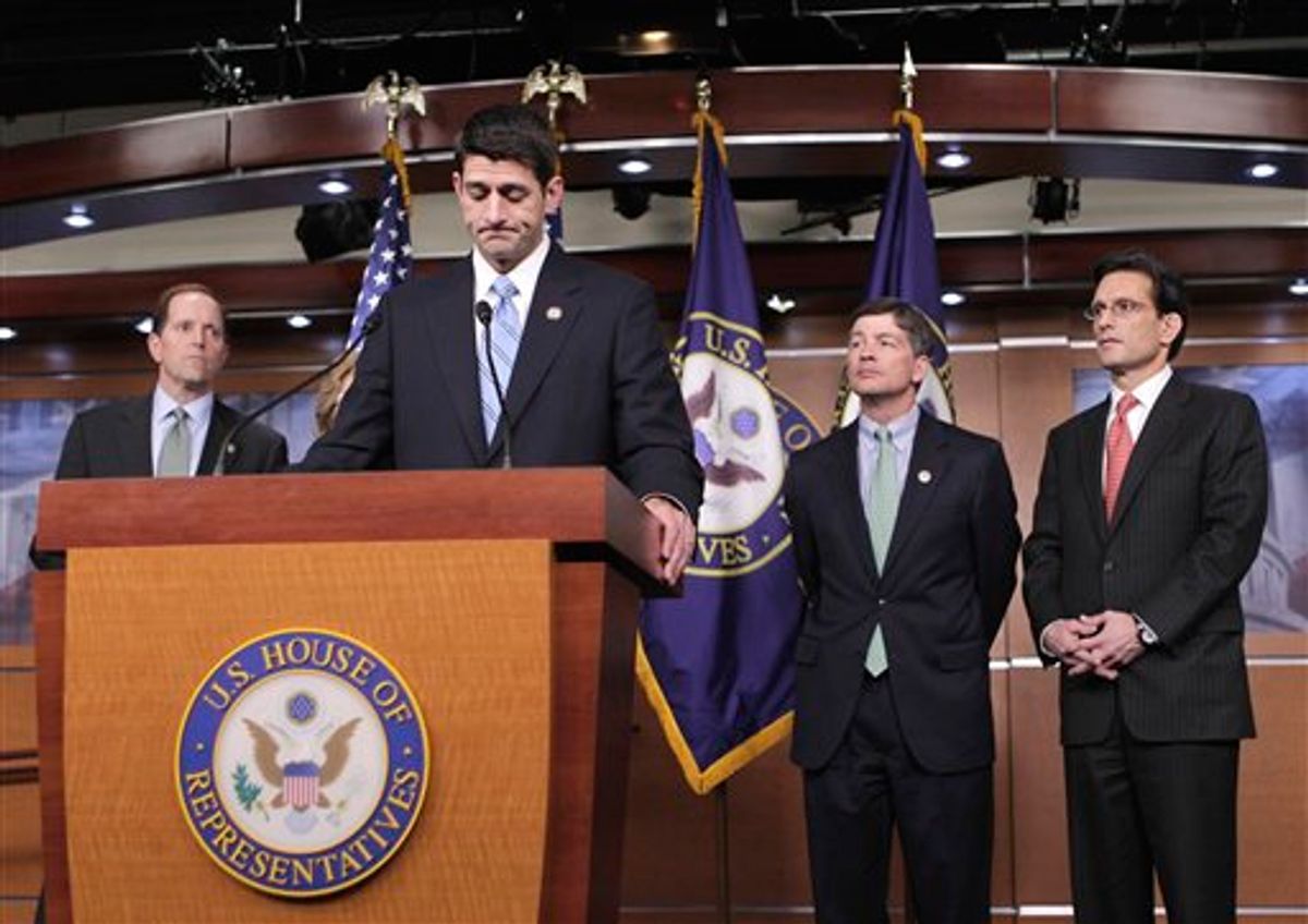 House Budget Committee Chairman Rep. Paul Ryan, R-Wis., at podium, declares that he was "disappointed" in President Obama's speech on a federal spending plan, Wednesday, April 13, 2011, during a news conference on Capitol Hill in Washington. From left are: House Ways and Means Committee Chairman Rep. Dave Camp, R-Mich., Ryan, Republican Conference Chairman Rep. Jeb Hensarling, R-Texas, and House Majority Leader Eric Cantor of Va.   (AP Photo/J. Scott Applewhite)         (AP)