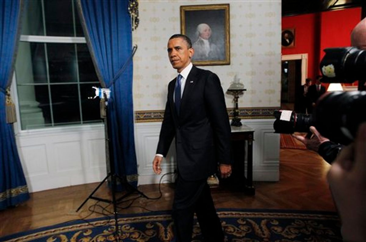 President Obama returns to the Blue Room at the White House in Washington after he spoke regarding the budget and averted government shutdown, Friday, April 8, 2011. (AP Photo/Charles Dharapak) (AP)