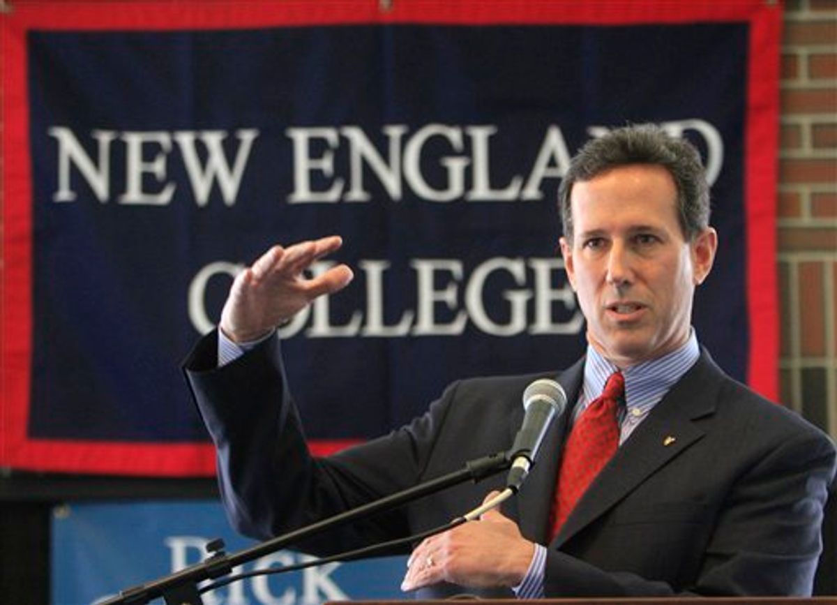 Possible 2012 Republican presidential candidate, former U.S. Sen. Rick Santorum of Pennsylvania talks about the budget with students at New England College, Thursday, April 14, 2011 in Henniker, N.H. Republicans eyeing the White House assailed President Barack Obama's deficit-reduction proposal and cast him as a tax-raising liberal who is failing to lead a nation on the brink of fiscal catastrophe. (AP Photo/Jim Cole) (AP)