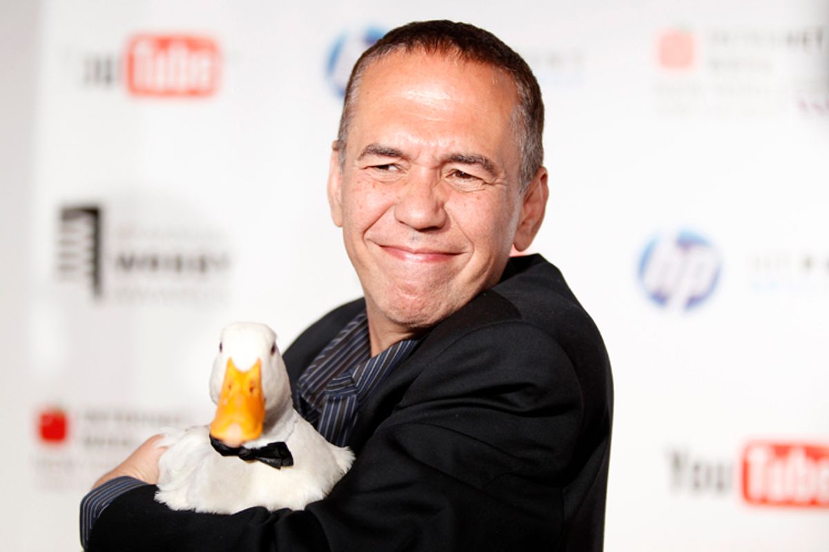 Comedian Gilbert Gottfried arrives with a duck at the Webby Awards in New York June 14, 2010. REUTERS/Lucas Jackson (UNITED STATES - Tags: ENTERTAINMENT ANIMALS)  (Â© Lucas Jackson / Reuters)