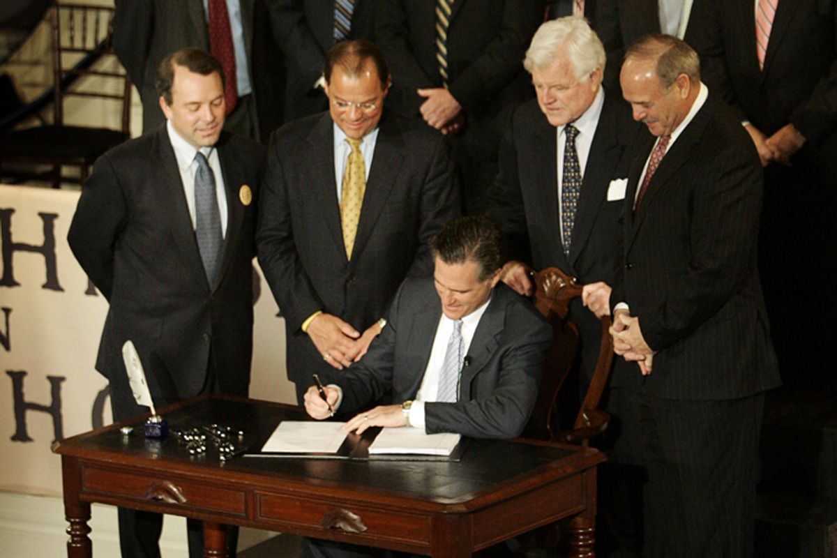 Massachusetts Governor Mitt Romney (C) signs a healthcare reform bill for the Commonwealth of Massachusetts at Faneuil Hall in Boston April 12, 2006. With Romney are (L-R) the Heritage Foundation's Dr. Robert Moffit, Massachusetts Senate president Robert Travaglini, U.S. Senator Edward Kennedy (D-MA) and Massachusetts House of Representative speaker Salvatore DiMasi.    REUTERS/Brian Snyder   (Â© Brian Snyder / Reuters)