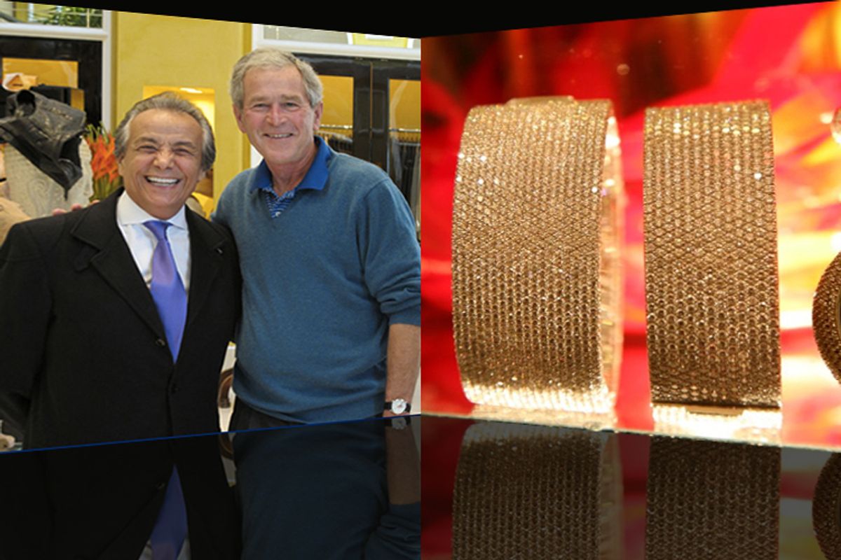 The late Iranian-American designer Bijan with President Bush, left, and one of Bijan's jewelry designs.