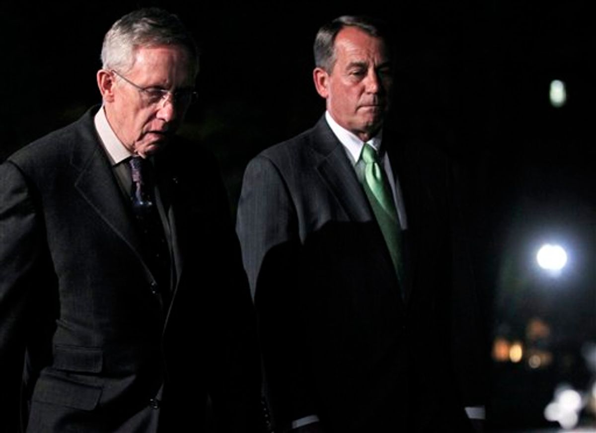 House Speaker John Boehner, R-Ohio, and Senate Majority Leader Harry Reid, D-Nev., walk out to speak to reporters after their meeting at the White House in Washington with President Obama regarding the budget and possible government shutdown, Wednesday, April 6, 2011. (AP Photo/Charles Dharapak)  (AP)