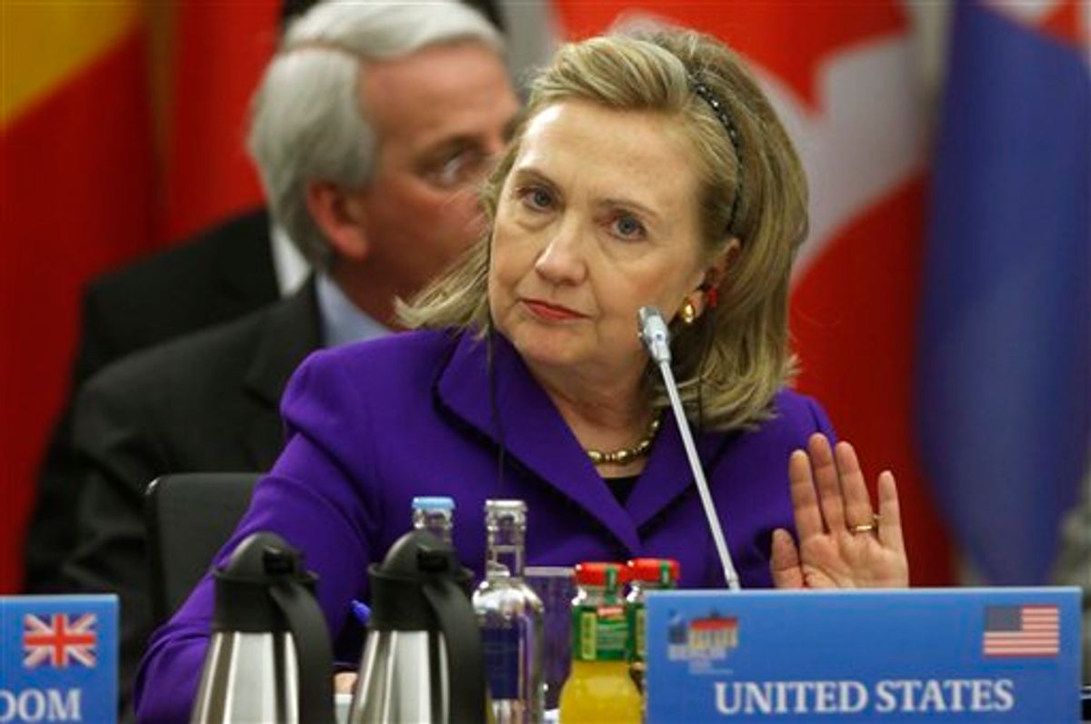 United States' Secretary of State Hillary Rodham Clinton reacts during the informal meeting of the NATO foreign ministers in the Foreign Ministry in Berlin Thursday, April 14, 2011.  (AP Photo/Markus Schreiber) (AP)