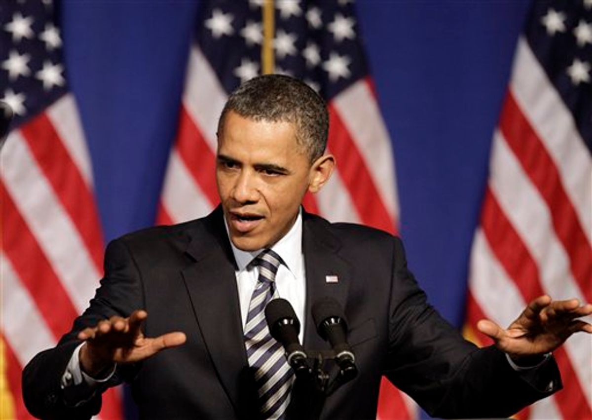 President Barack Obama gestures as he speaks at a Democratic party fundraiser, the third of three such events he attended in one night, in New York, Wednesday, April 27, 2011.  (AP Photo/Kathy Willens) (AP)