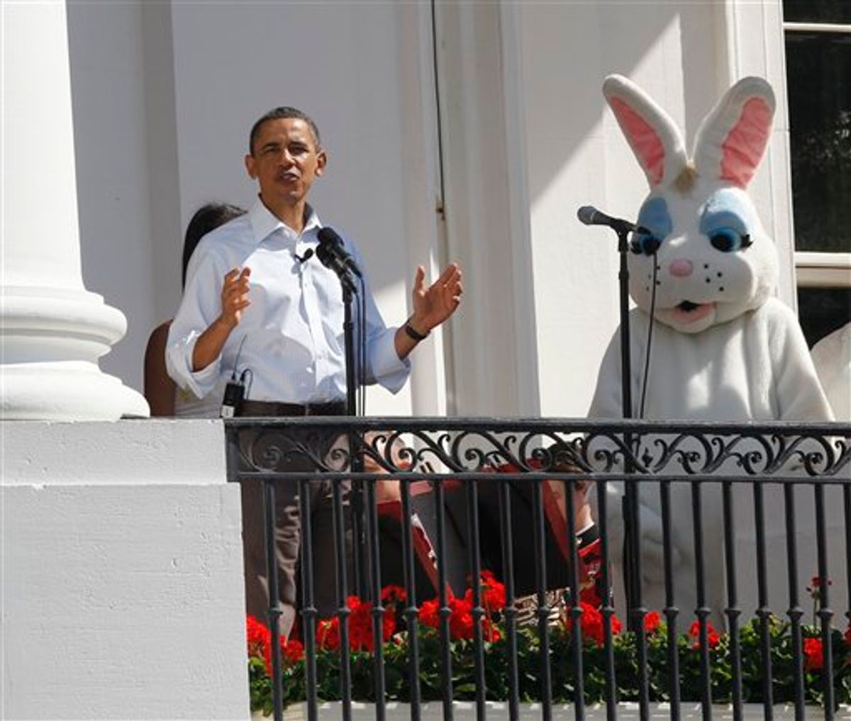 President Barack Obama stands with the Easter Bunny during the White House Easter Egg Roll, Monday, April 25, 2011, on the South Lawn of the White House in Washington. (AP Photo/Charles Dharapak) (AP)