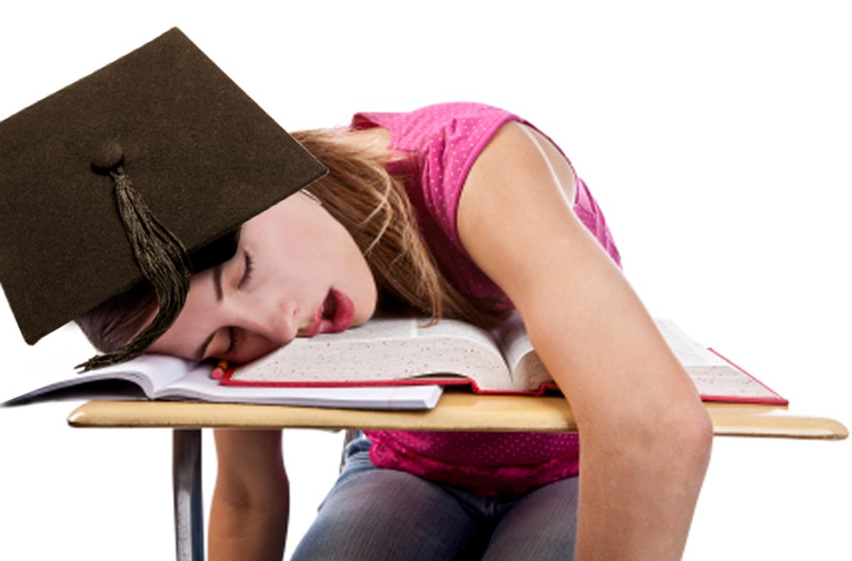 A student fast asleep on her school work.  (Sharon Dominick)
