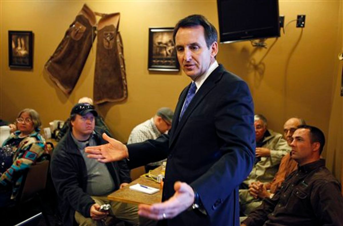 Former Minnesota Gov. Tim Pawlenty speaks to local residents during a breakfast meeting at a Pizza Ranch restaurant, Tuesday, May 3, 2011, in Ames, Iowa. (AP Photo/Charlie Neibergall) (AP)