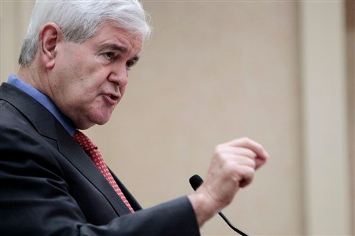 Former House Speaker Newt Gingrich delivers an economic speech to the 51st Washington Conference with Laffer Associates, Friday, May 13, 2011, in Washington. (AP Photo/Pablo Martinez Monsivais) (AP)