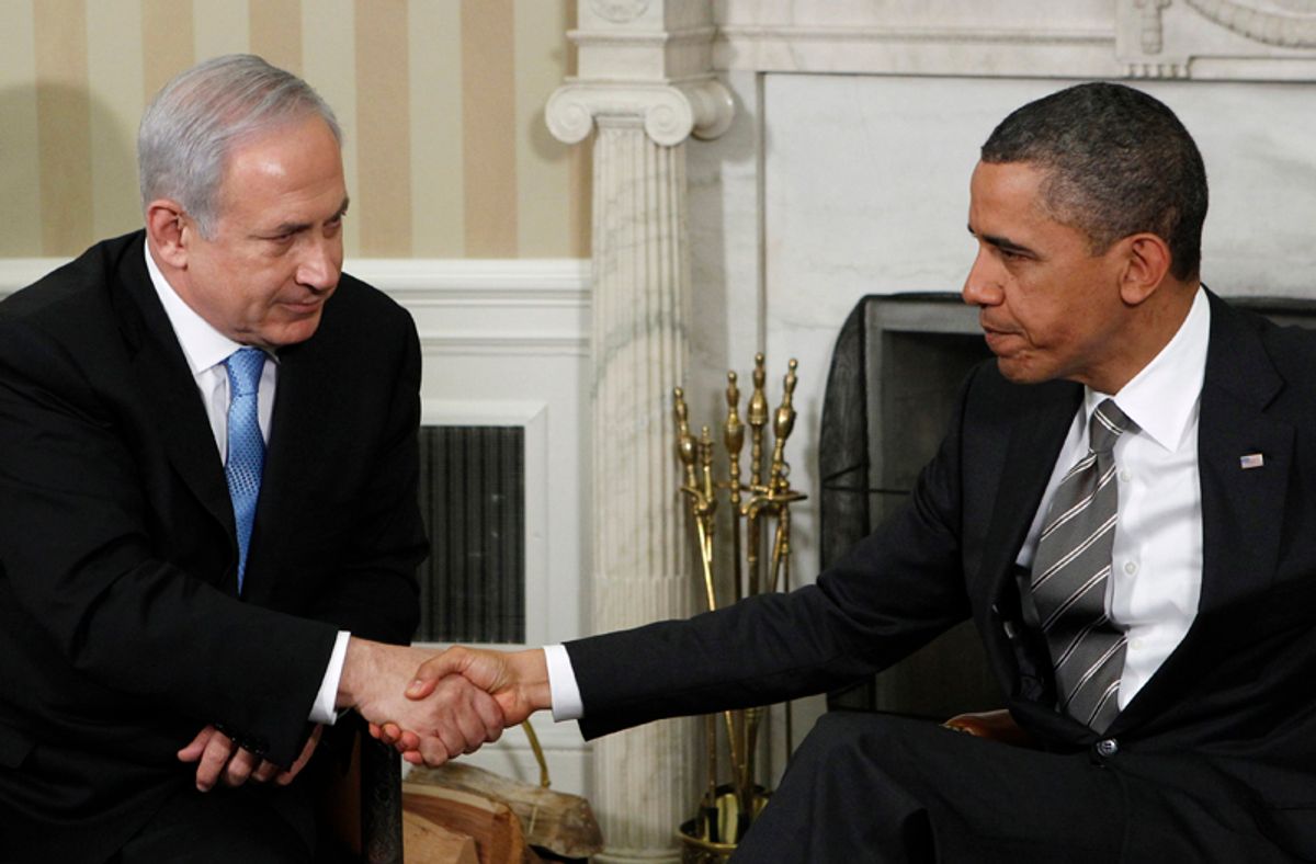 U.S. President Barack Obama meets with Israel's Prime Minister Benjamin Netanyahu in the Oval Office at the White House in Washington, May 20, 2011. Obama's call for Israel to give Palestinians territory it has occupied since 1967 stunned Netanyahu and pushed the leaders' thawing relationship back into the freezer.          REUTERS/Jim Young      (UNITED STATES - Tags: POLITICS)      (Â© Jim Young / Reuters)