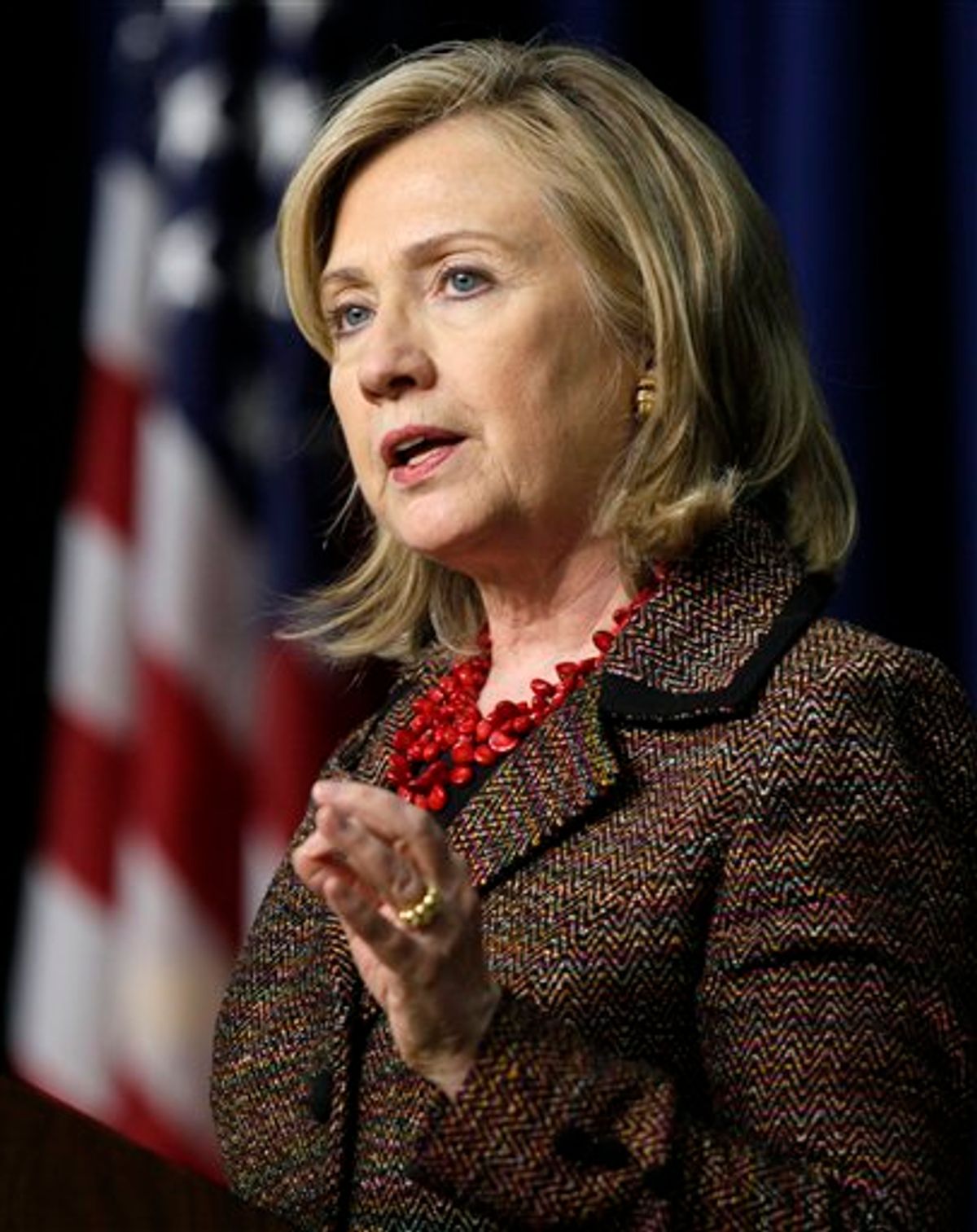 Secretary of State Hillary Rodham Clinton speaks at an International Strategy for Cyberspace event  in the South Court Auditorium of the Eisenhower Executive Office Building, Monday, May 16, 2011.  (AP Photo/Carolyn Kaster)  (AP)