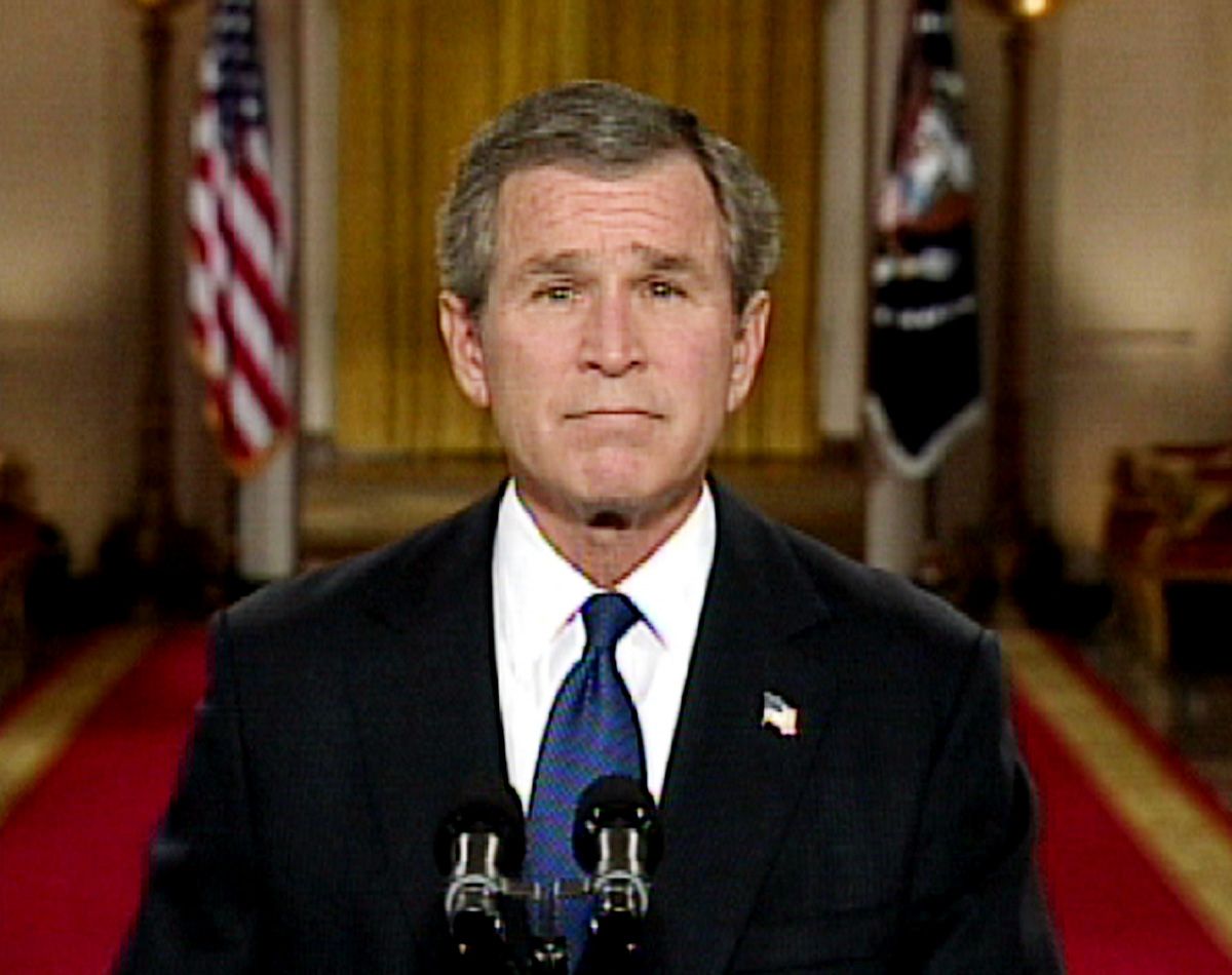 President Bush is shown near the conclusion of his address to the nation regarding a possible war with Iraq, in this image from television, from the White House, in Washington, Monday night, March  17, 2003. Bush delivered an ultimatum to Iraqi President Saddam Hussein, giving him 48 hours to leave. (AP Photo/APTN) (Associated Press)