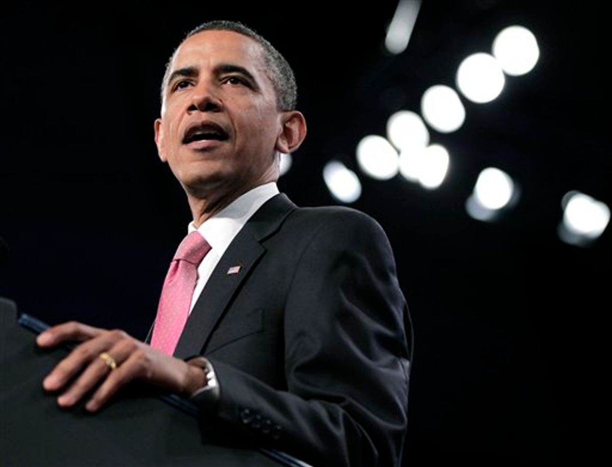 President Barack Obama tells the American Israel Public Affairs Committee (AIPAC) convention that the bonds between the US and Israel are "unbreakable", Washington, Sunday, May 22, 2011. After a contentious couple of days this week when he clashed publicly with Israeli Prime Minister Benjamin Netanyahu over ideas for a permanent Palestinian state, Obama is focusing on the deep U.S.-Israeli friendship and alliance. (AP Photo/J. Scott Applewhite) (AP)