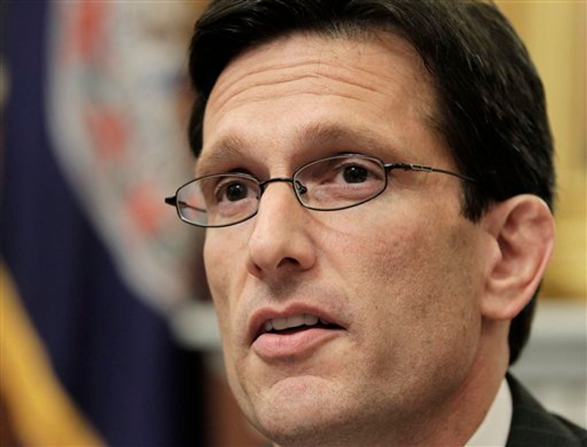 House Majority Leader Eric Cantor, R-Va., meets with reporters in his office at the Capitol in Washington, Monday,  June 13, 2011. Cantor praised Vice President Joe Biden for his shepherding of the bi-partisan Congressional panel working to solve the debt crisis. (AP Photo/J. Scott Applewhite)  (AP)