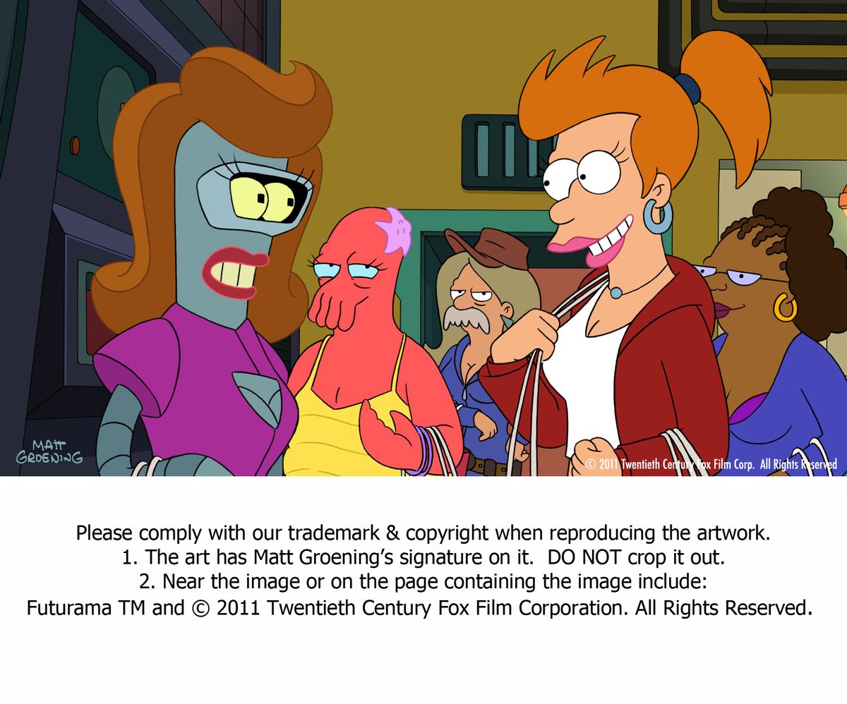 Unsex them now: Bender, Zoidberg, Scruffy and Fry cross the gender divide on "Futurama."  
