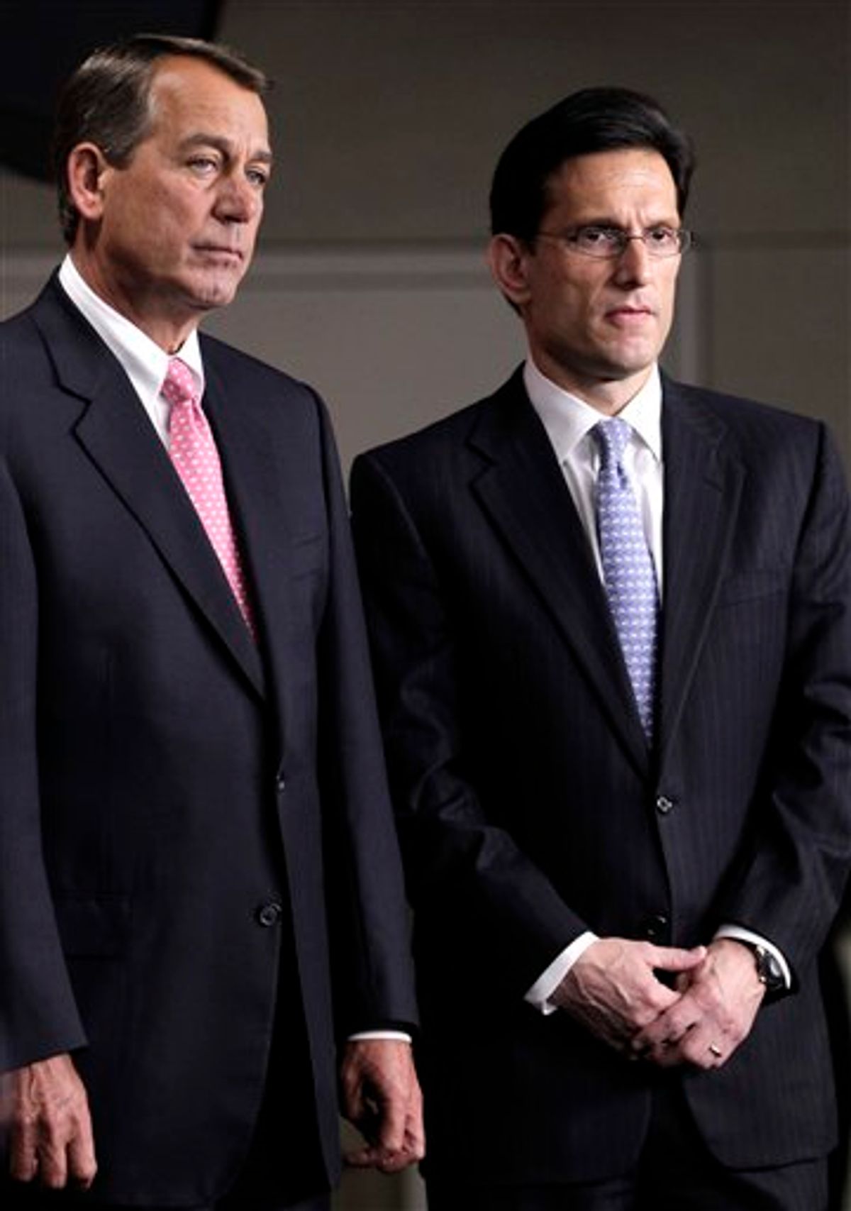 FILE -- In this file photo of Thursday, June 16, 2011, House Majority Leader Eric Cantor of Virginia, right, stands with House Speaker John Boehner of Ohio on Capitol Hill in Washington. Cantor, who has been participating in bipartisan budget talks headed by Vice President Joe Biden, pulled out today citing an impasse over taxes that required intervention by President Barack Obama and House Speaker John Boehner. (AP Photo/J. Scott Applewhite, File)  (AP)